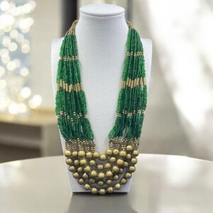 Tribal Statement Necklace Green Seed Beads Gold Multi Strand Boho‎ Ethnic Bold